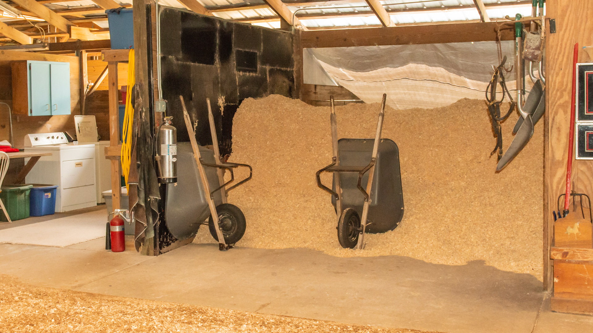 Bedding storage inside the barn.