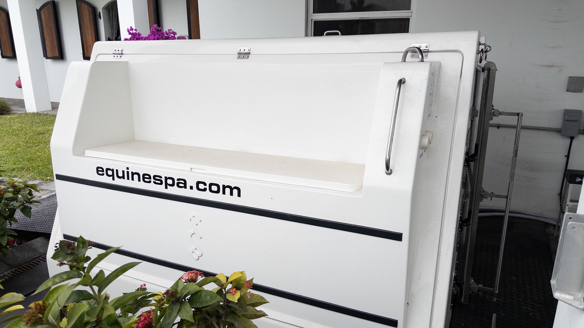 An outdoor water treadmill (Equinespa) in FL provides resistance without a load to injured horses in recovery.