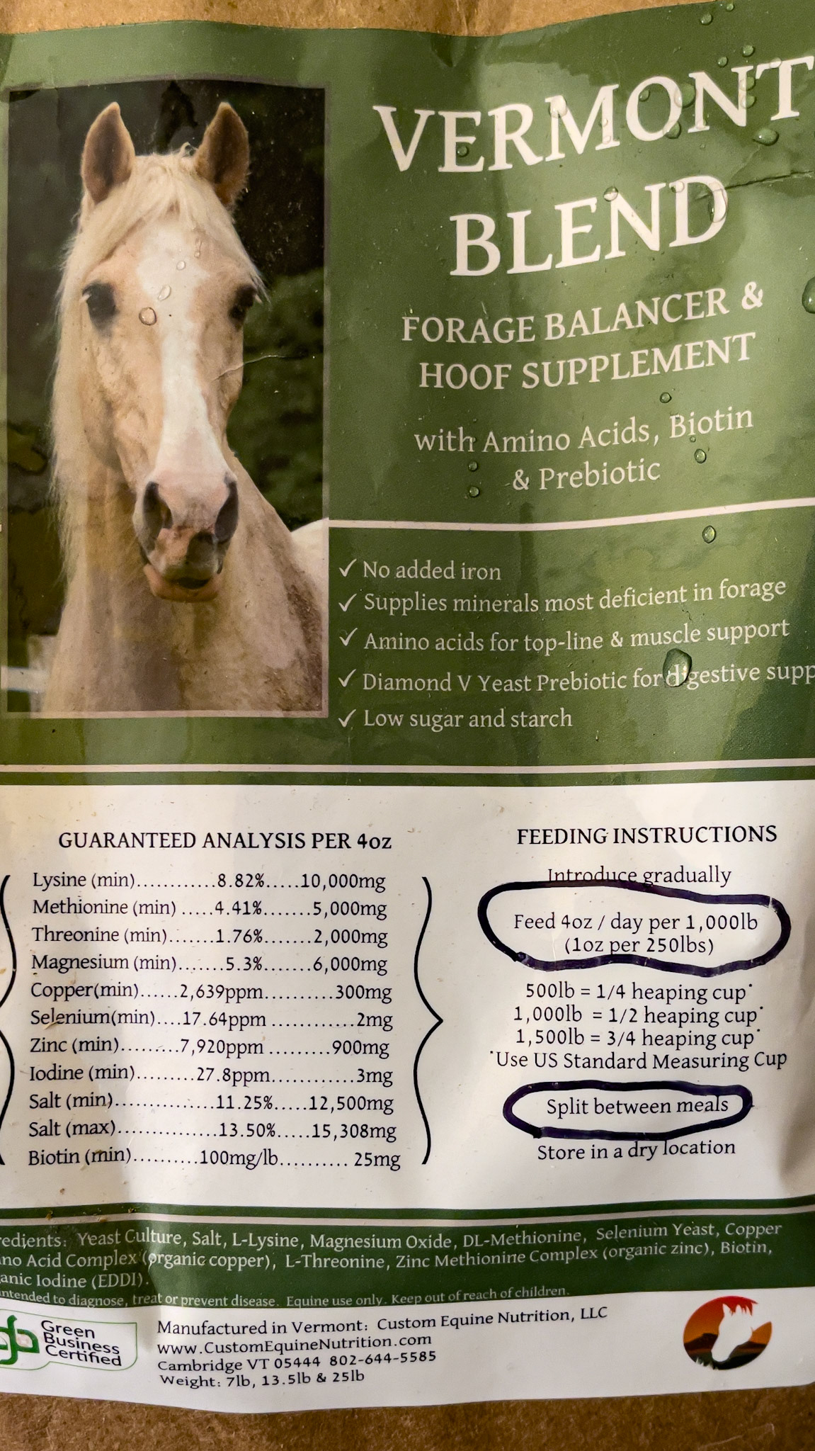 This supplement is popular for horses with three limiting amino acids, non-chelated minerals, and a B vitamin (biotin). While they guarantee the ingredients, they do not ensure the absorption of the minerals. In addition, they say the amino acids are for the top line, but the branch chain amino acids for muscle development are missing.
