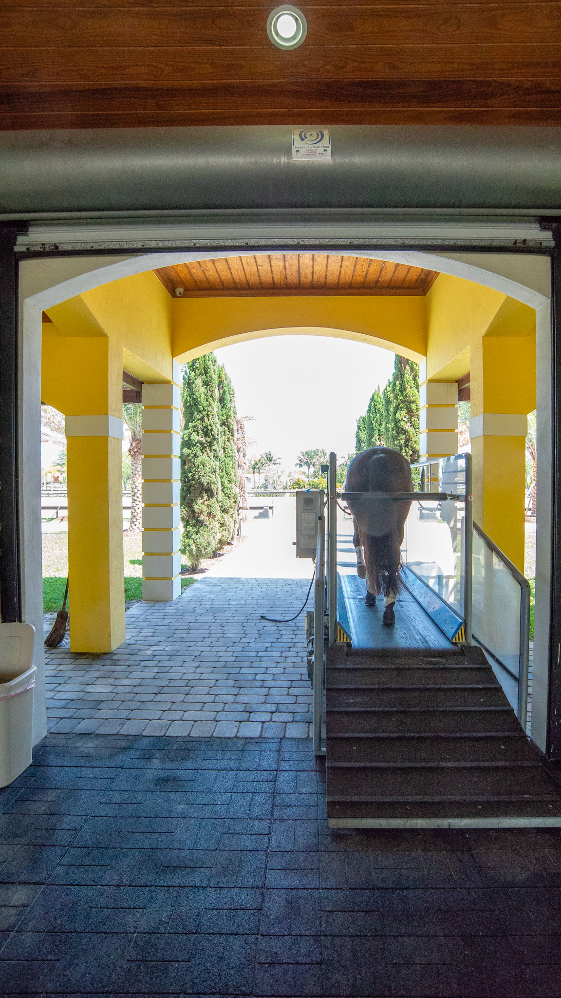 Treadmill partially within the barn in Florida