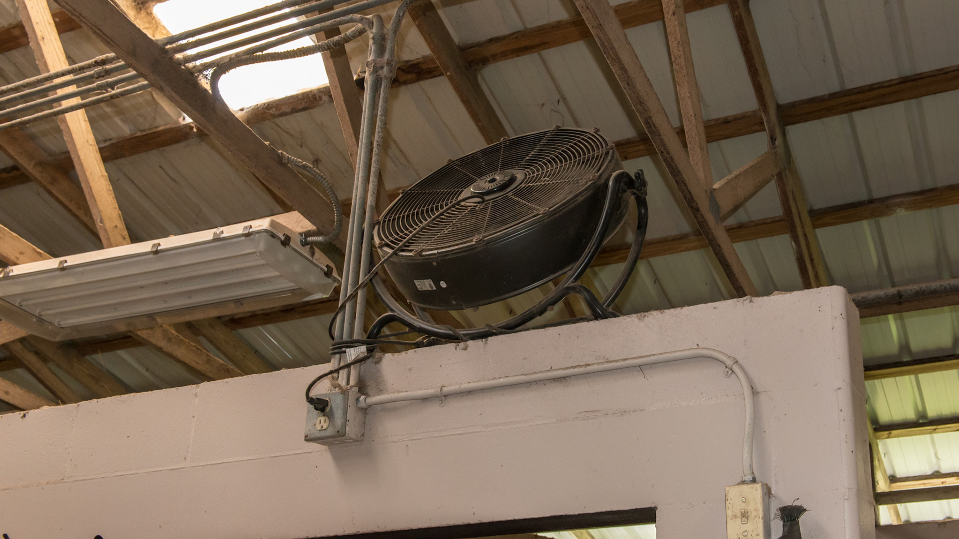 Very modern LED lights have twice the power of the mercury vapor lights they replaced. The cost was $2500 for this barn but the operating cost is much less according to the owner. And they are silent. Electrical installation is to code.