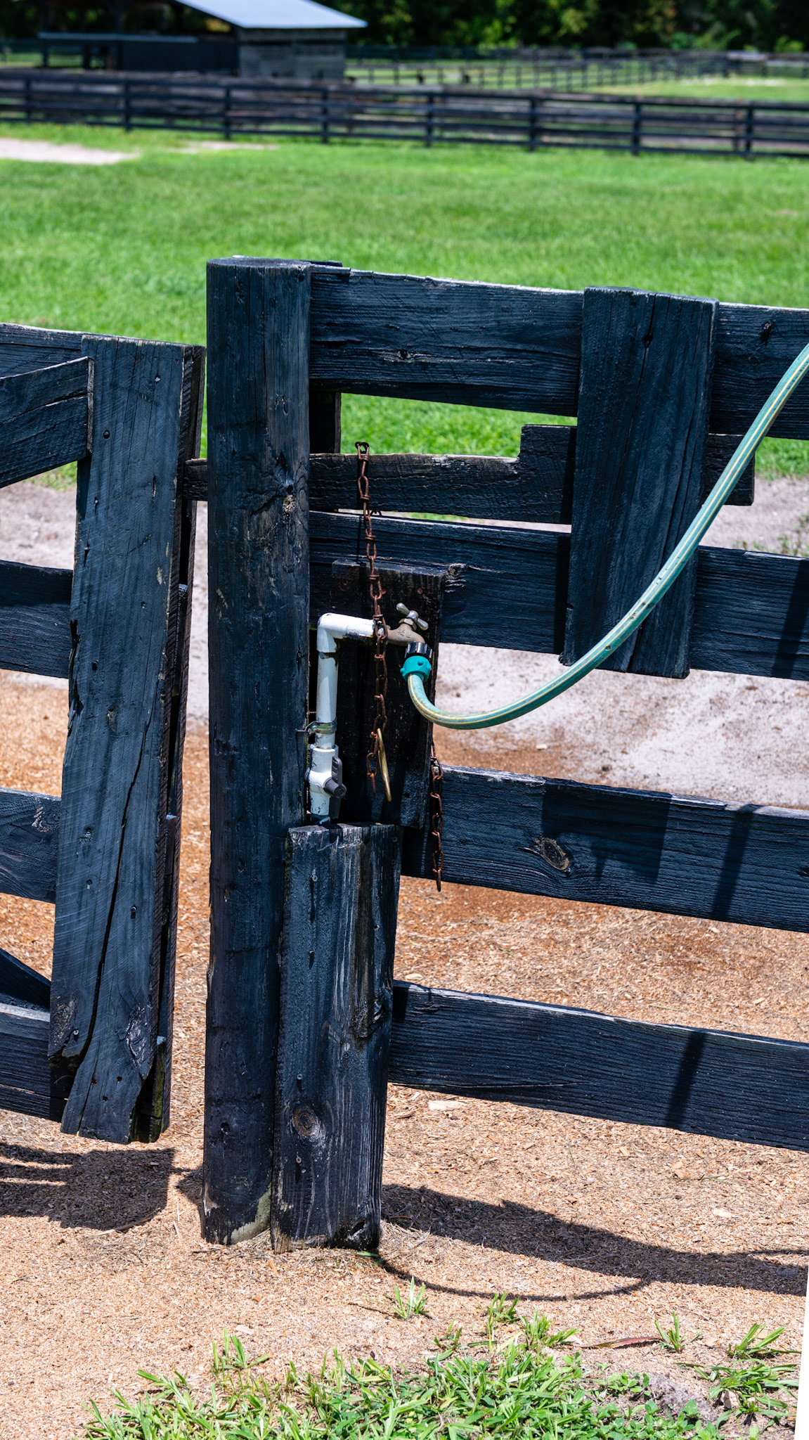 The latch is a sliding piece of board with a security chain.  A water pipe comes from the ground for the water tank.