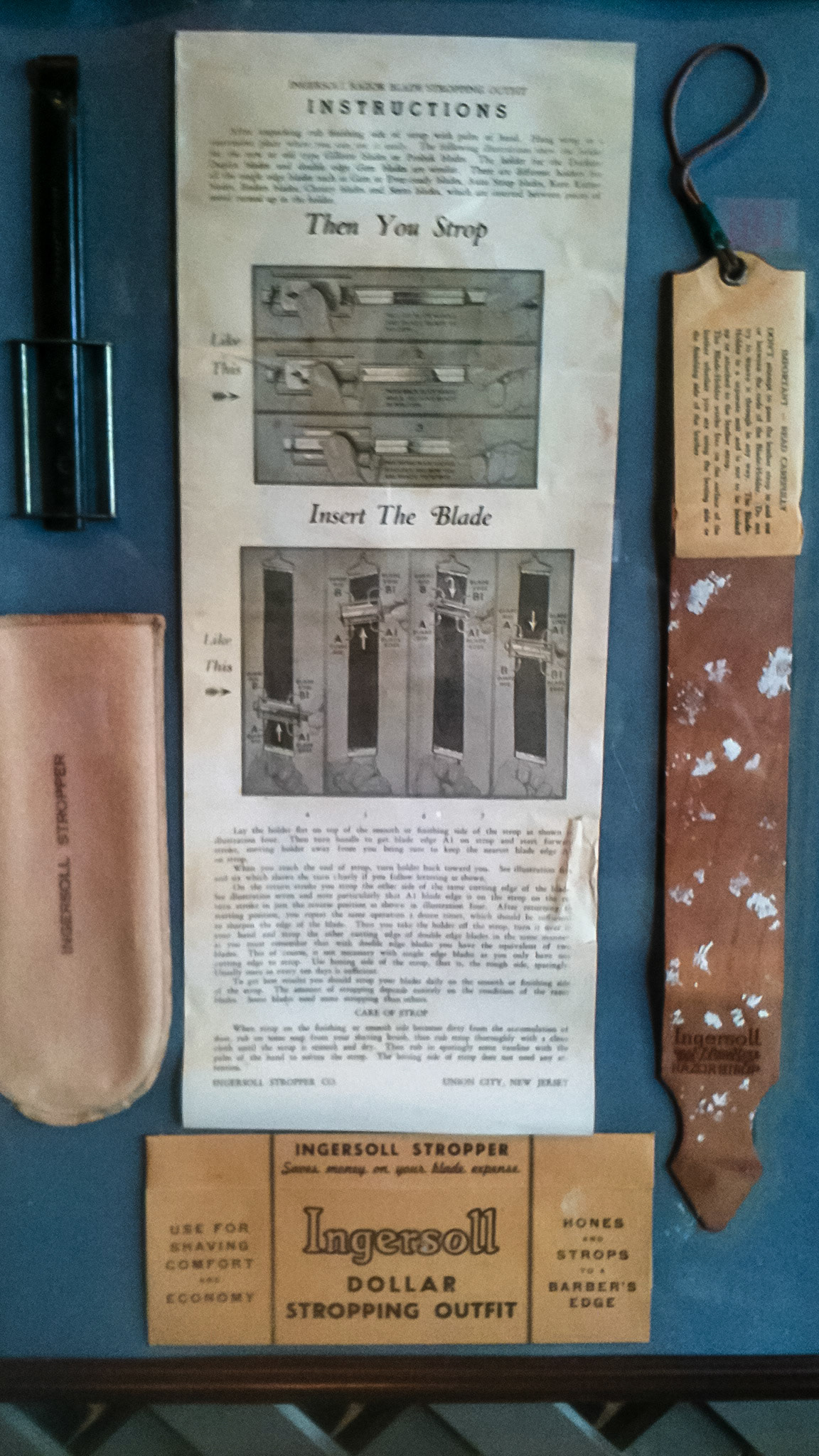 A stropping kit sold to men to sharpen their straight razors. An antique here but I can still get a new kit today. The tongue acts like the strop and sharpens the edges of the over erupted enamel into a razor edge.