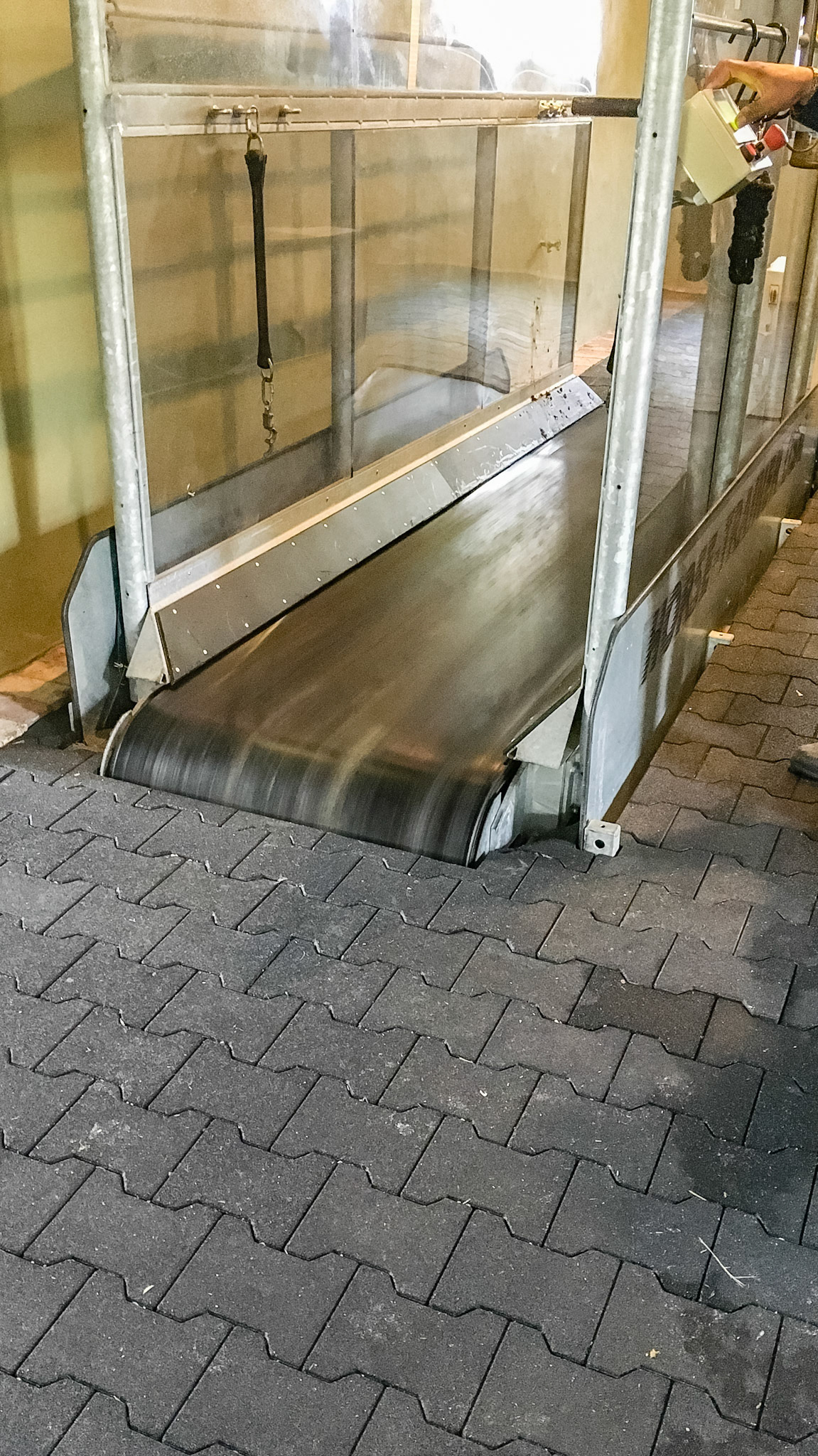 This treadmill is set into the floor so that the tread is at floor level. It can still elevate for a grade.