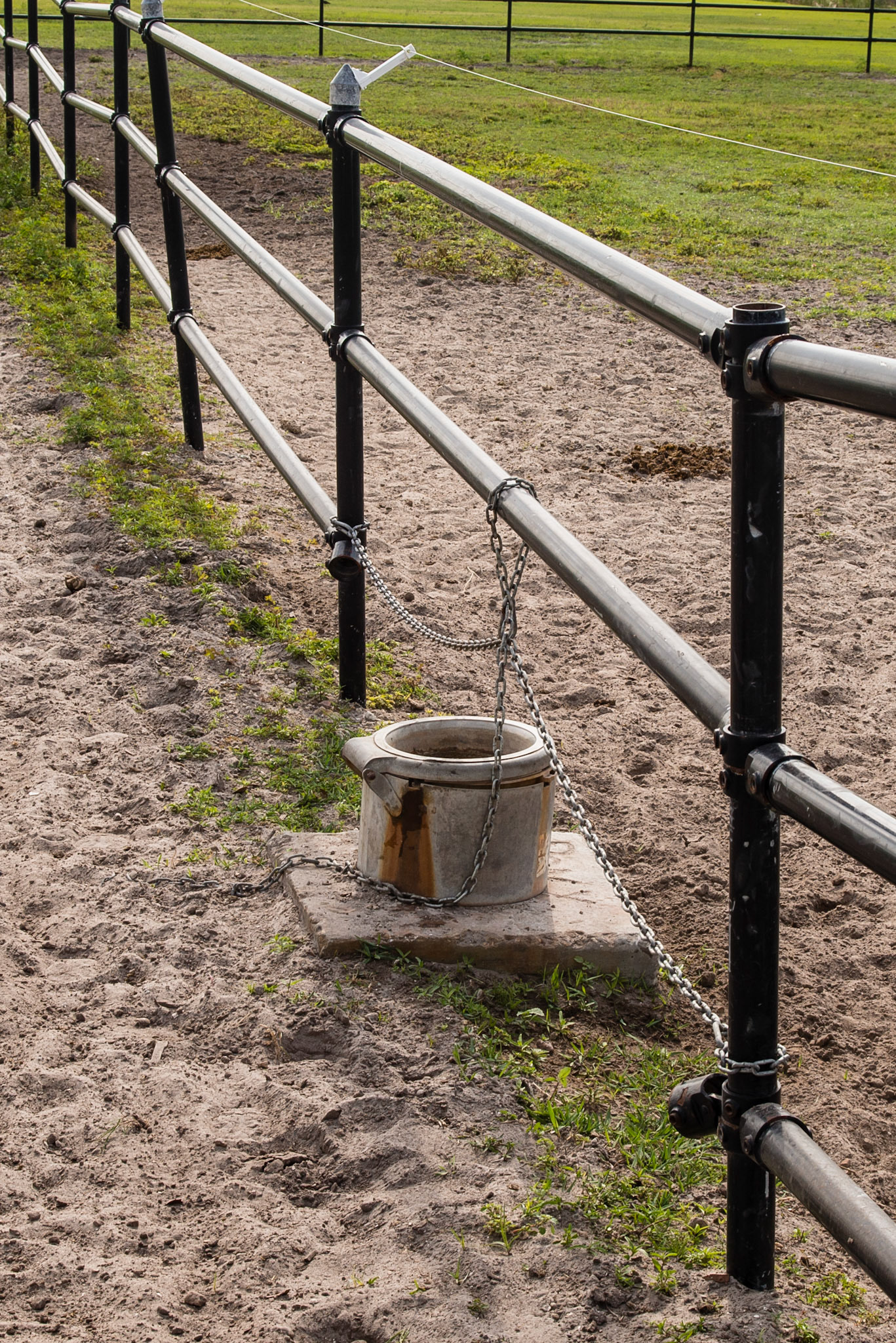 Automatic water dispenser permanently set in between 2 paddocks. A dangerous set up.