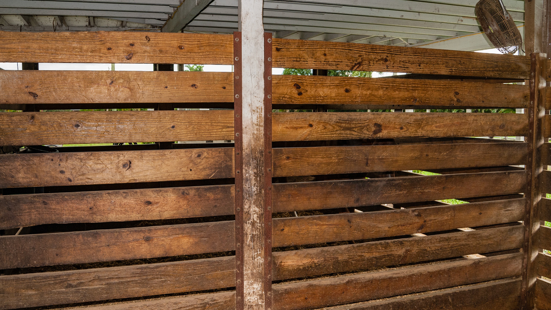 These short boards are firmly anchored with 2 bolts at each end into steel plates. Hurricane proof in Florida. The spacing between the boards allows ventilation and sight with other horses.
