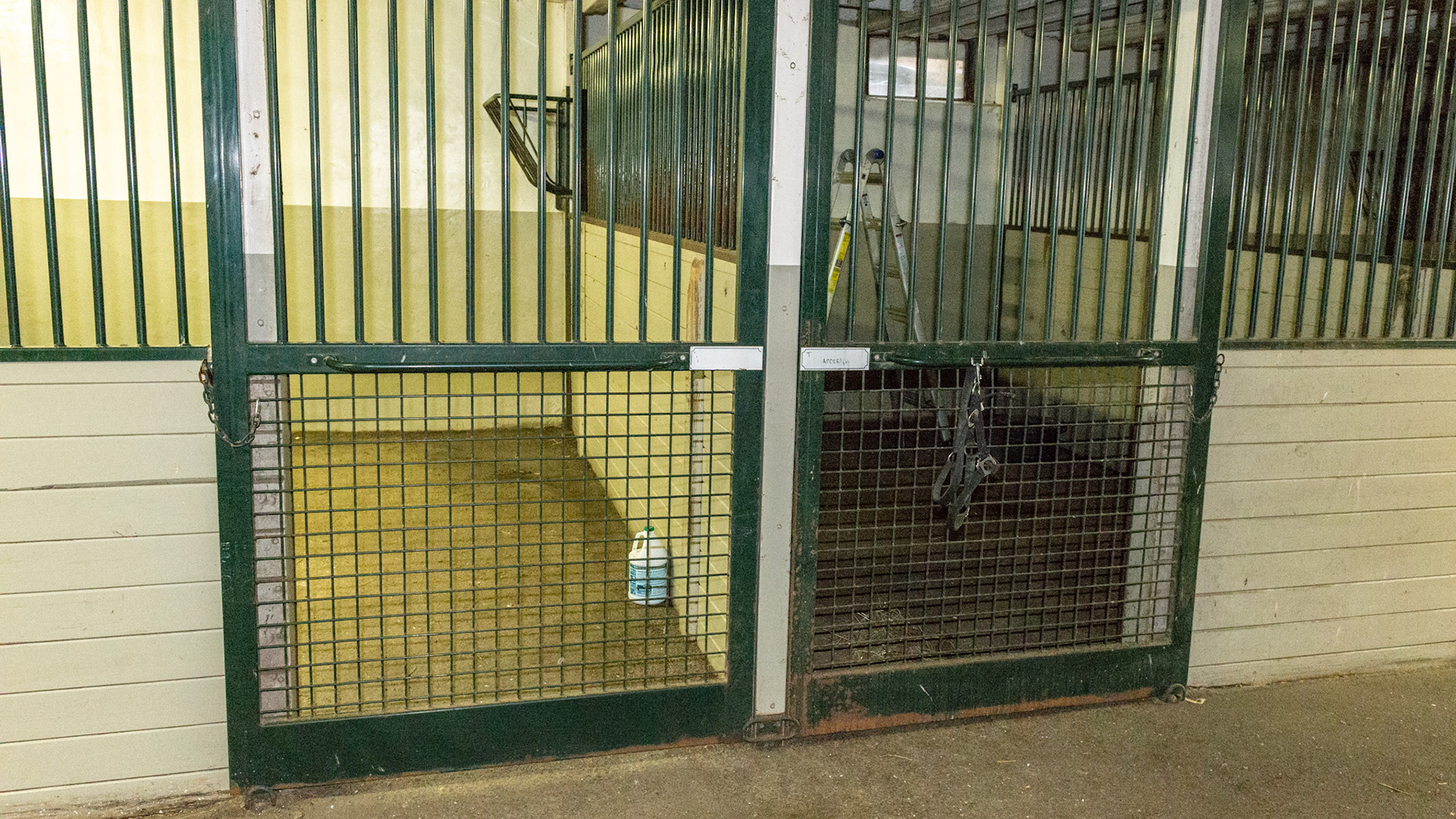 Full length sliding stall doors that keep the horses in safely but allows air to circulate from top to bottom.  There is no opening for the horse to hang his head out of the stall. NOTE - these doors are next to each other so if they did have an opening, the two horses would be able to play / fight with each other.  This is not a good set up in most cases.