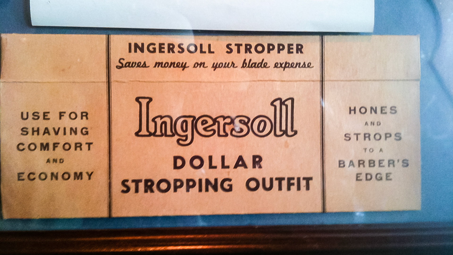 A stropping kit sold to men to sharpen their straight razors. An antique here but I can still get a new kit today. The tongue acts like the strop and sharpens the edges of the over erupted enamel into a razor edge.