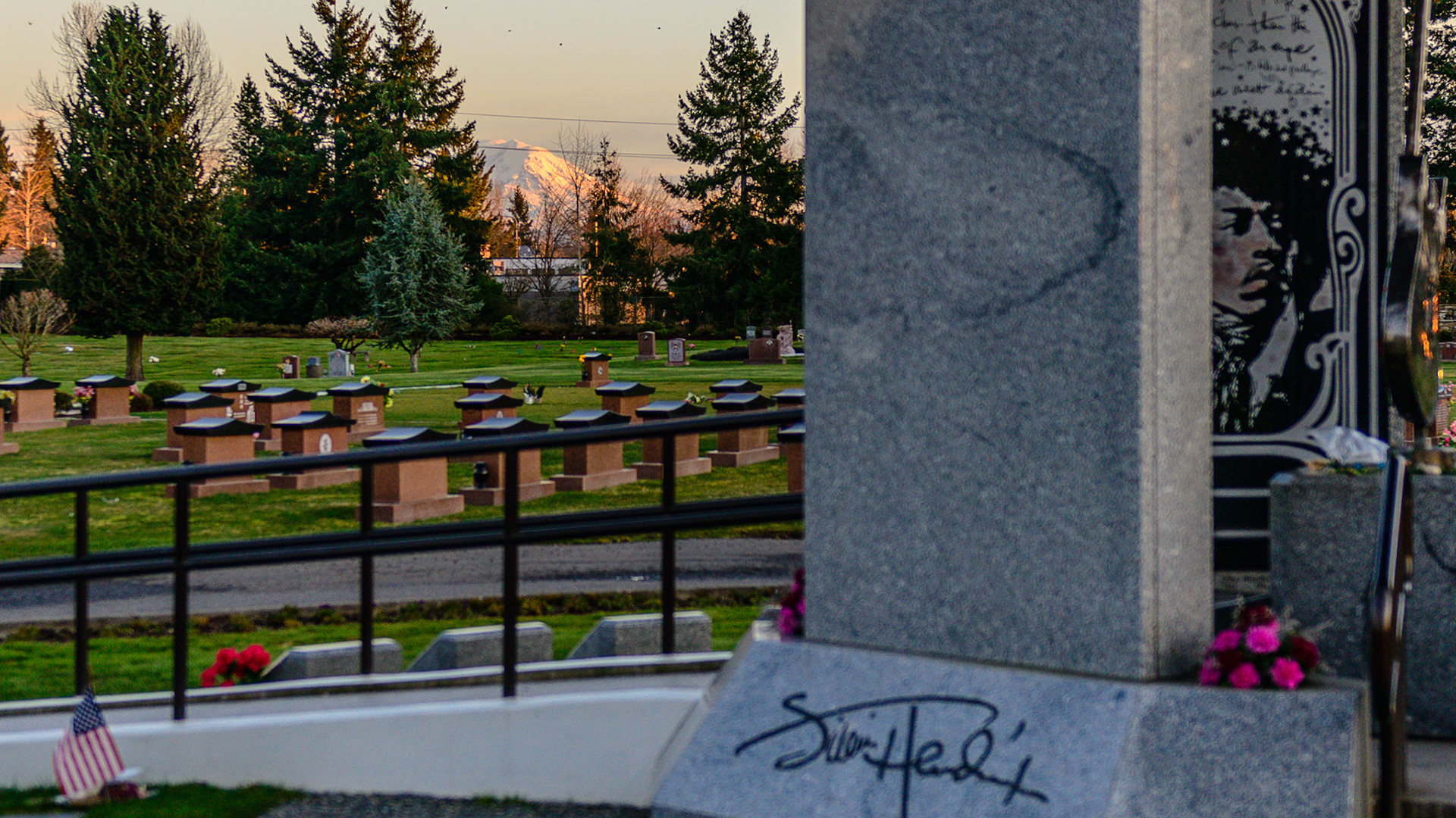 Jimi Hendrix memorial in Renton, WA.  Mt Rainier is in the background.