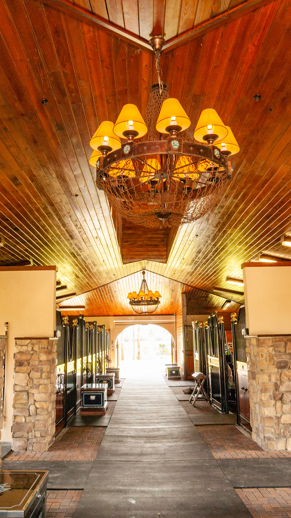 Functional fluorescent lights with additional decorative chandeliers. Also sealed and stained tongue and groove finished ceiling.