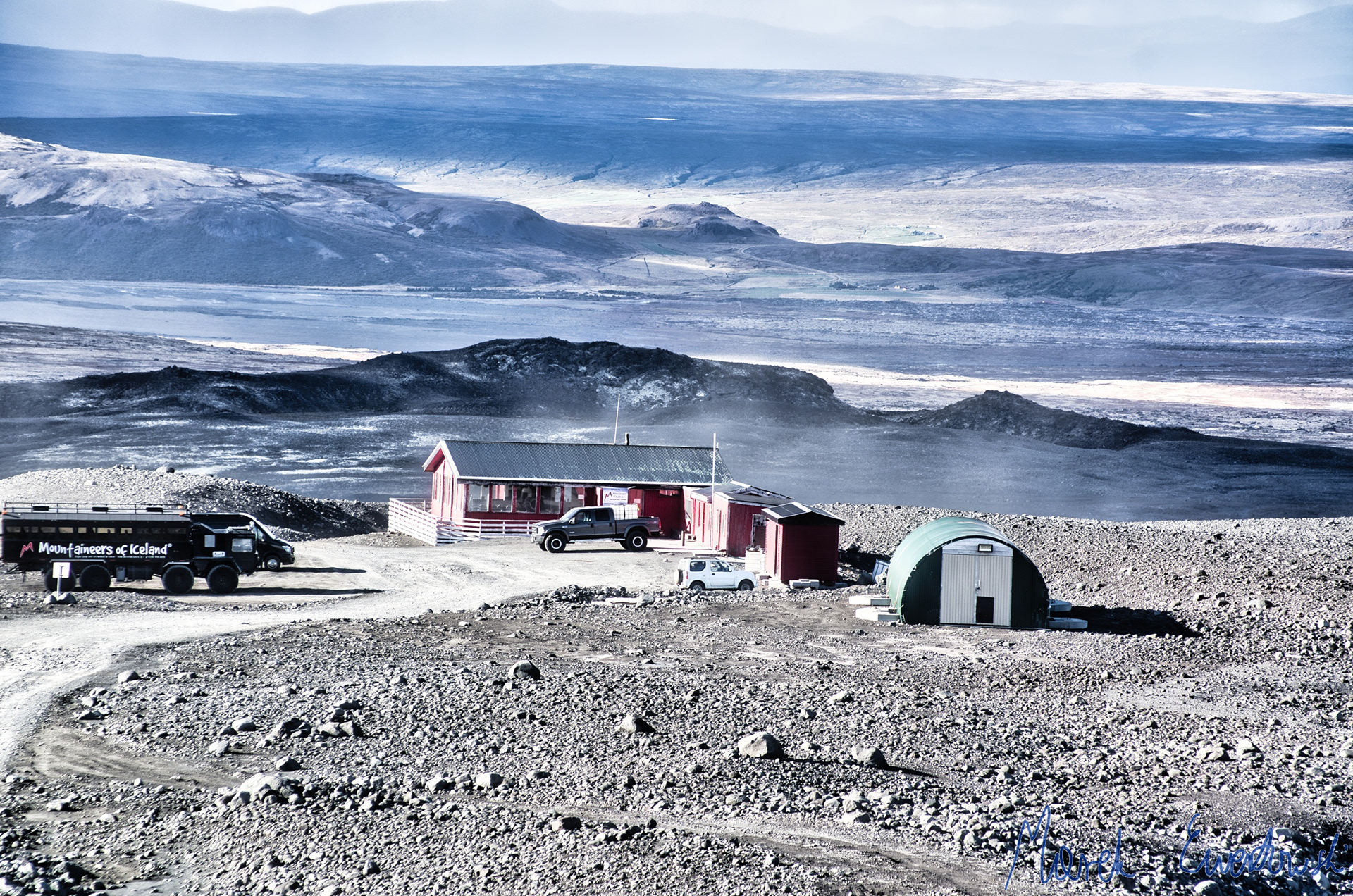 As the glaciers retreat, tourist infrastructure has to be moved higher and closer to the ice margin. Langjökull, Iceland.