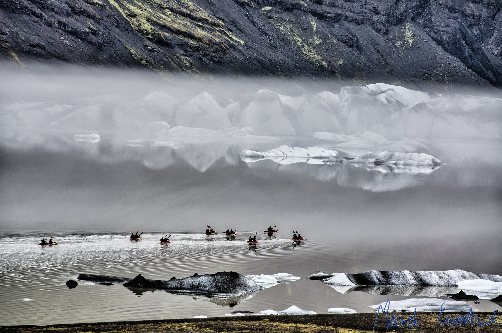 Exploring misty waters of proglacial lakes offers rare opportunity to experience silently dying glaciers. Heinabergslón, Iceland. 
