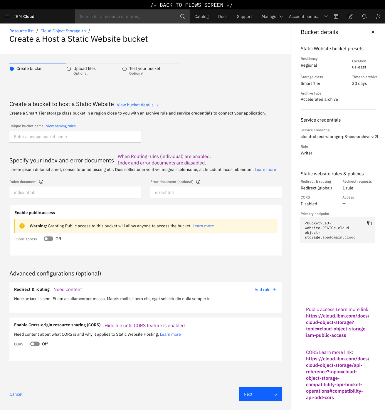 Screenshot of the first page of a predefined bucket template. The form is empty and includes notes to the team. This screen is the first of three steps.