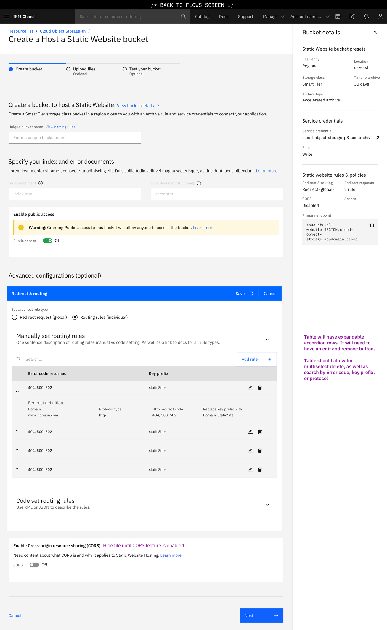 Once the form fields in the modal are completed, the template page updates the Redirect and Routing card to show an expandable structured list.