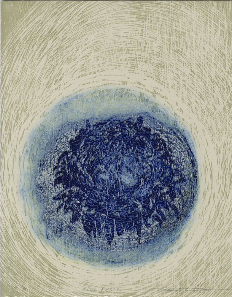 BLUE PEACE, 2004, Woodcut and Collagraph, 13-3/4” x 11”