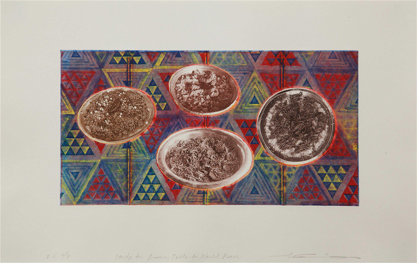 STUDY FOR DINNER TABLE FOR WORLD PEACE, 2018, Milk carton drypoint and Photopolymer plate, 12-3/4” x 20-1/4”, E.V. 8
