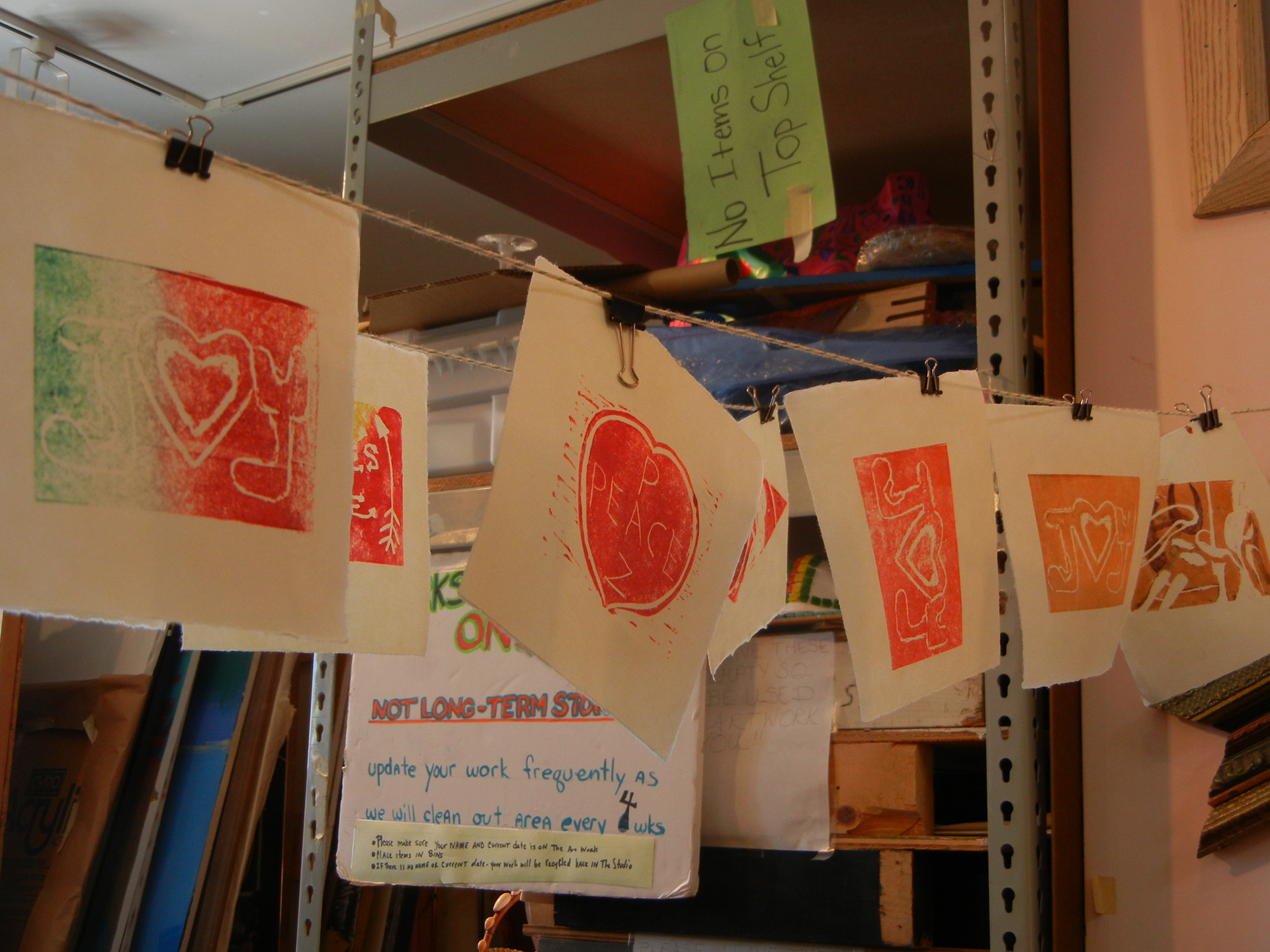Linoleum cut prints done by artists in the Art Street
