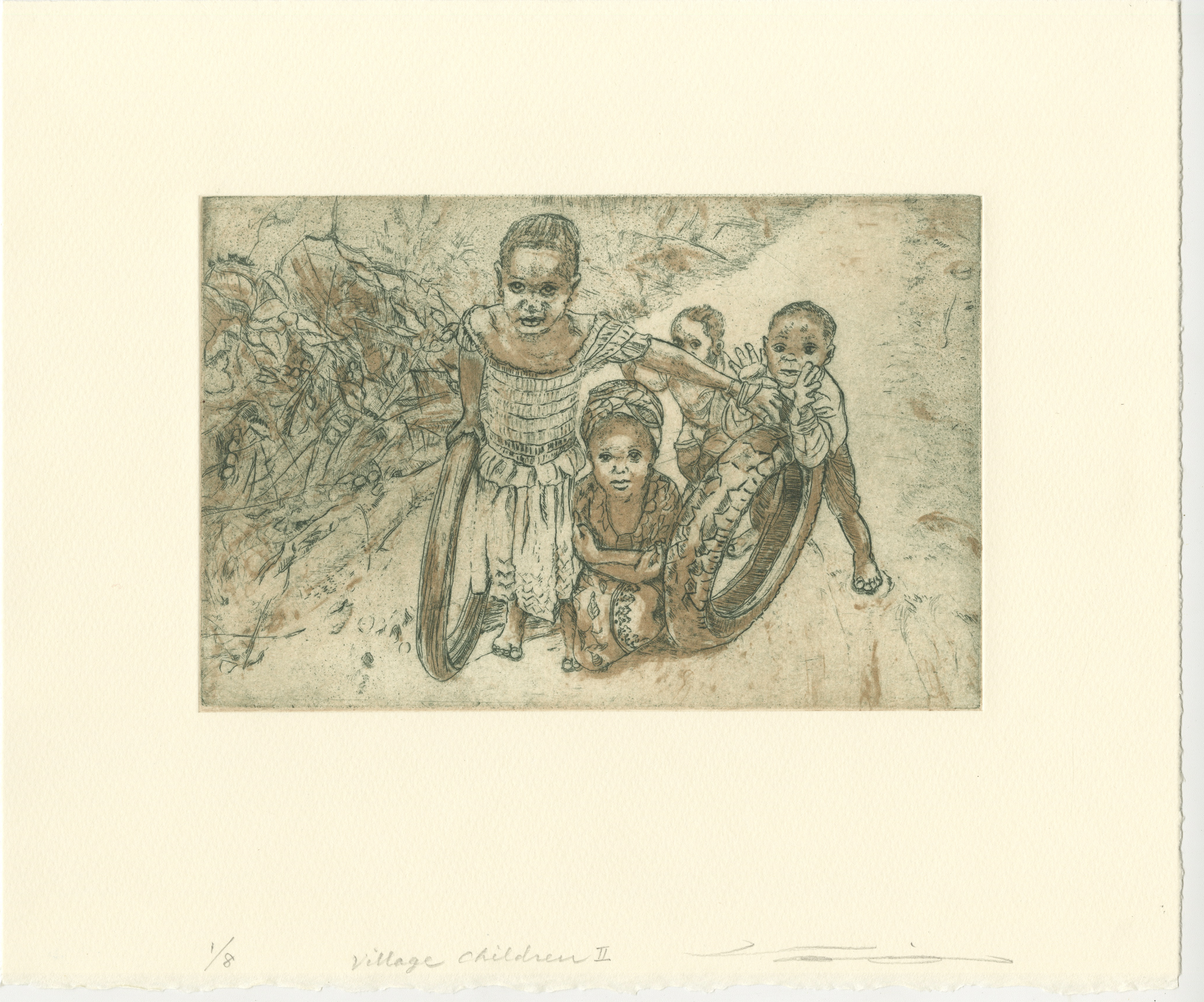 VILLAGE CHILDREN II, 2020, Etching and Photopolymer Plate, Image 6" x 9" Paper 11-1/4" x 13-1/2", Ed. 8