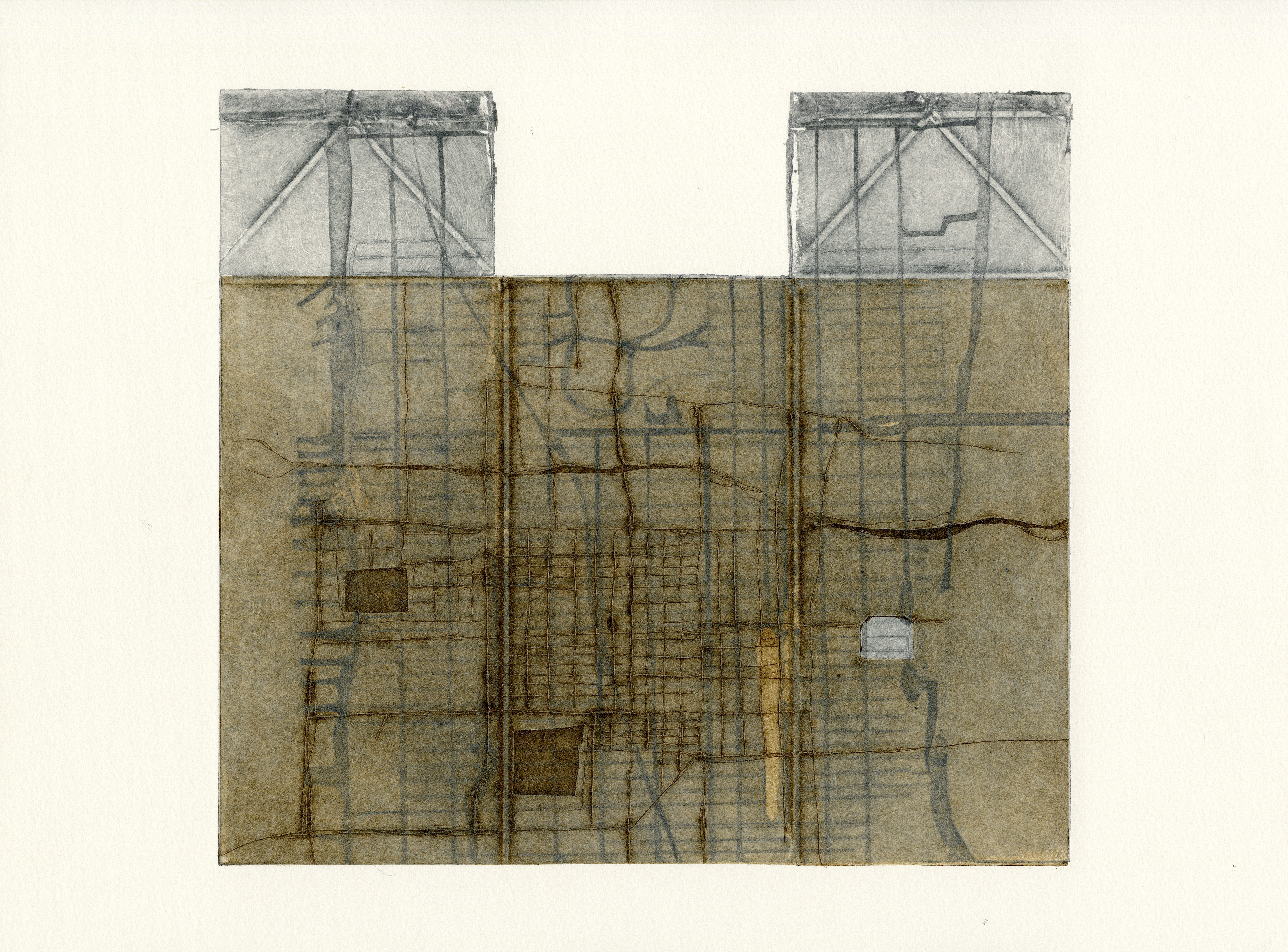 Study for CITIES IN CHECKERS D, 2016 ,Milk carton drypoint, 15” x 17-3/4”