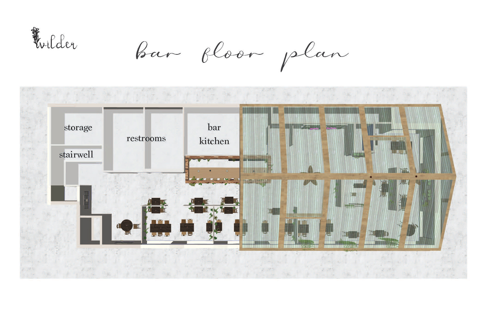Rendered floor plan (floor 2) - half greenhouse ceiling