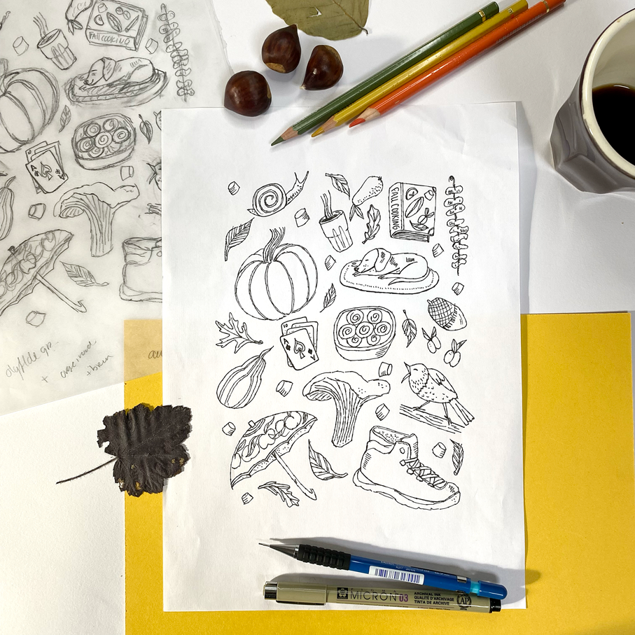 Sketch and final illustration of Fall Inventory drawing