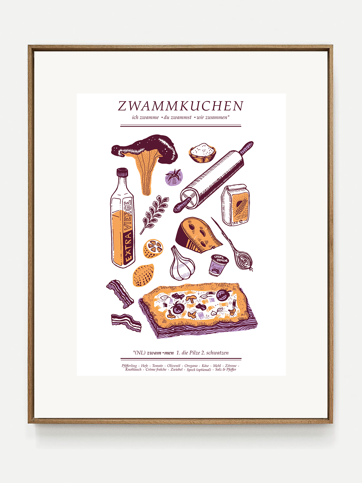 Framed print of the Zwammkuchen recipe illustration by Esther Tabor