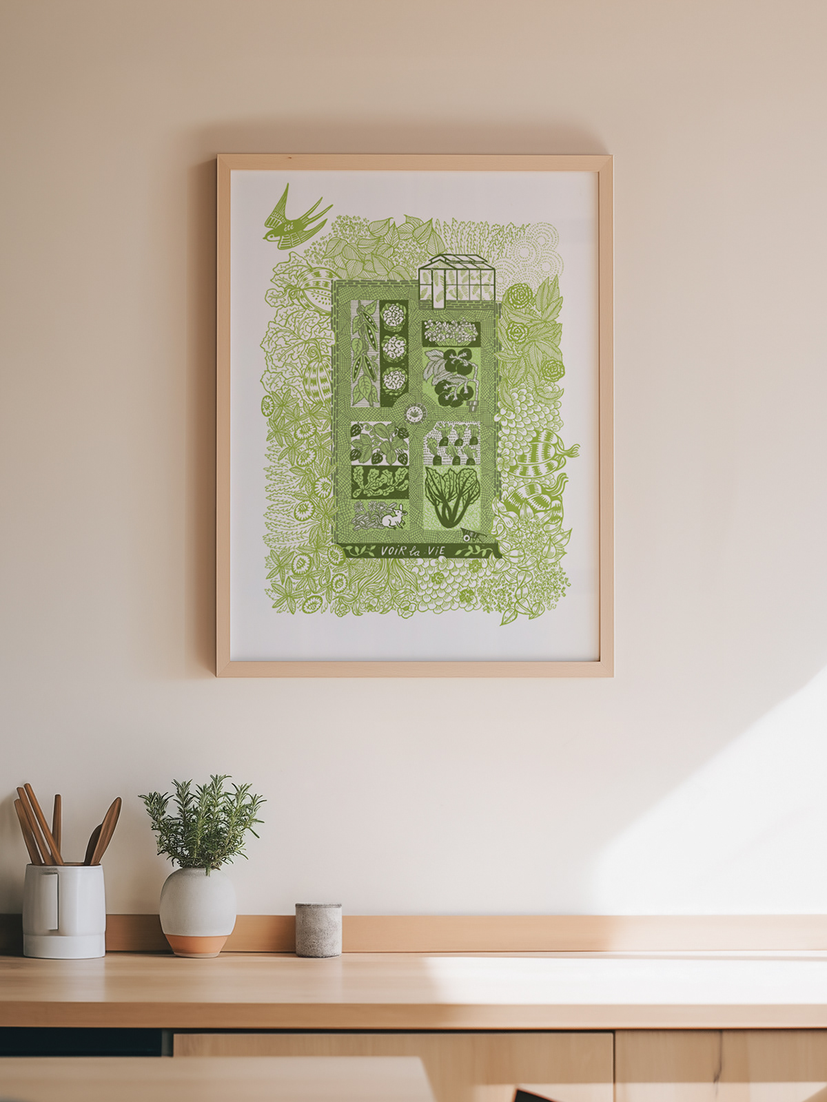 Vegetable garden screen print - framed and displayed at home