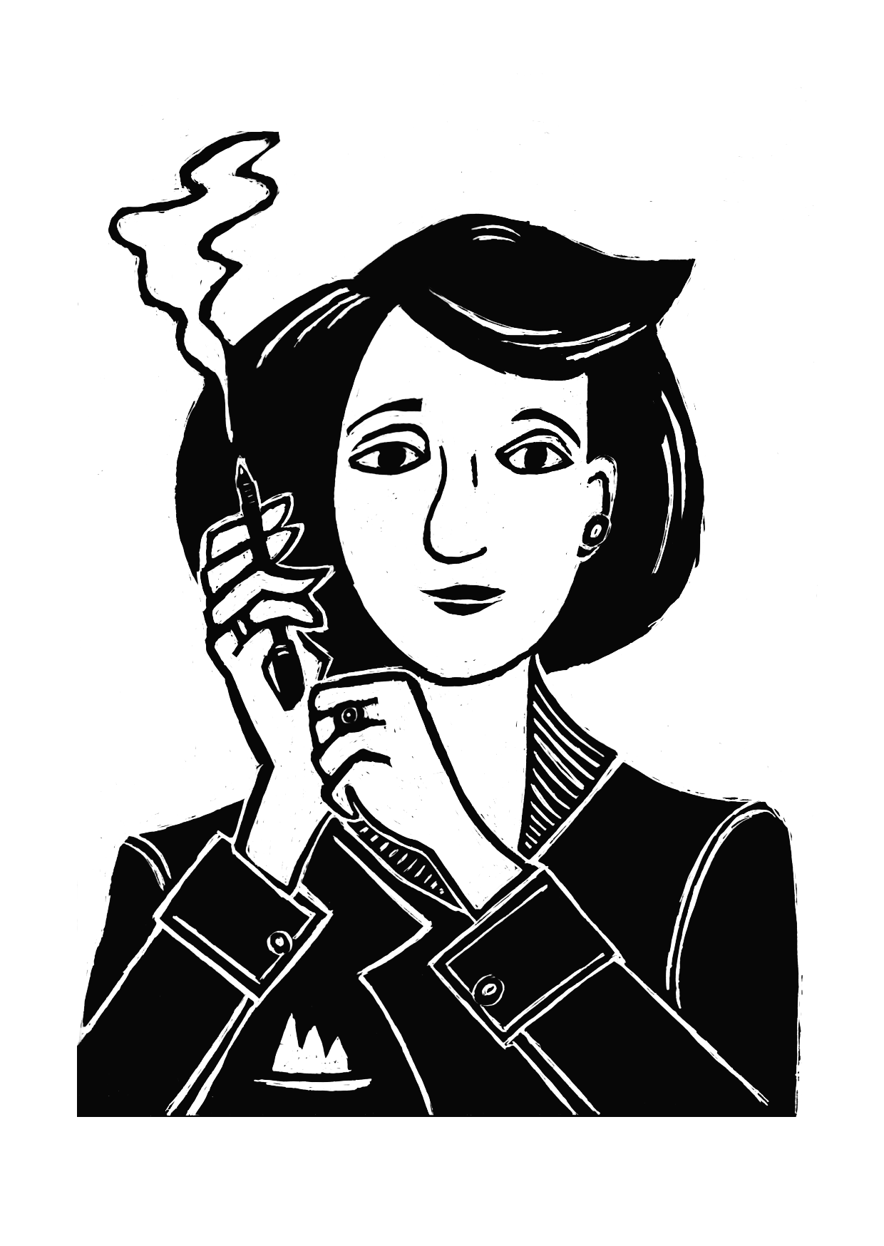 scraper board illustration of Marga Minco in black