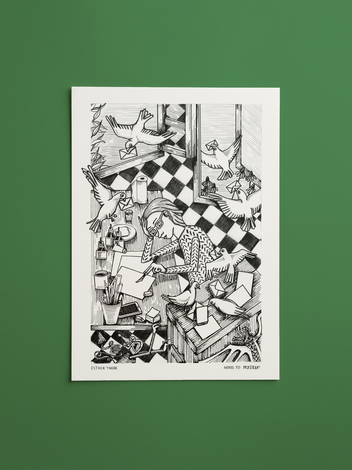 Notes to Myself Original Drawing - A4 original illustration in ink and pencil  on 250 gsm paper