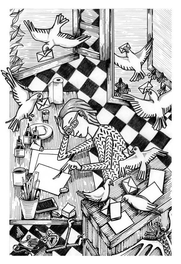 black and white illustration of artist who writes notes to herself which are delivered by white pigeons