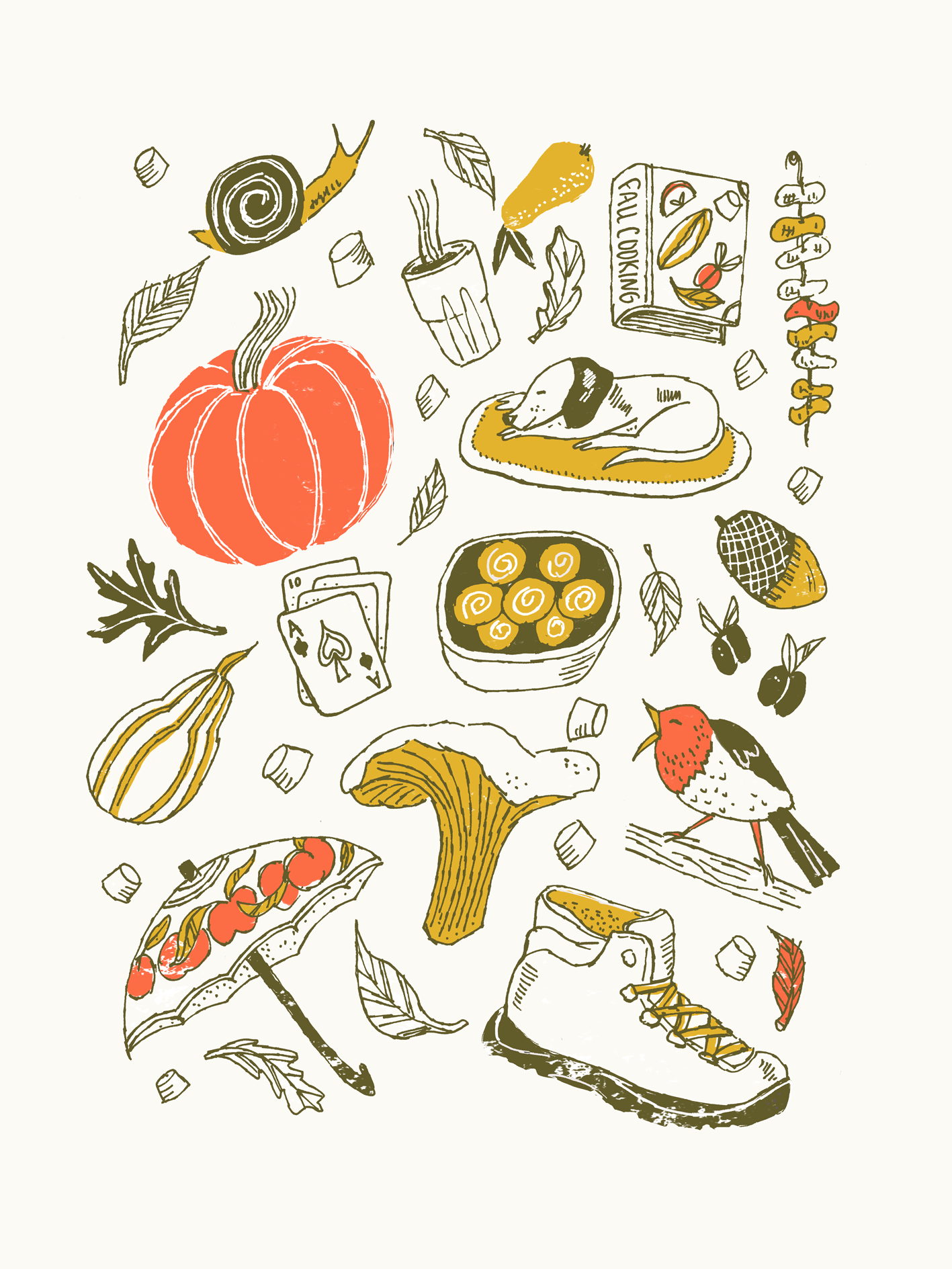 Autumn illustration - An inventory of fall elements such as pumpkins, chanterelle, leafs, walkings boots and umbrella