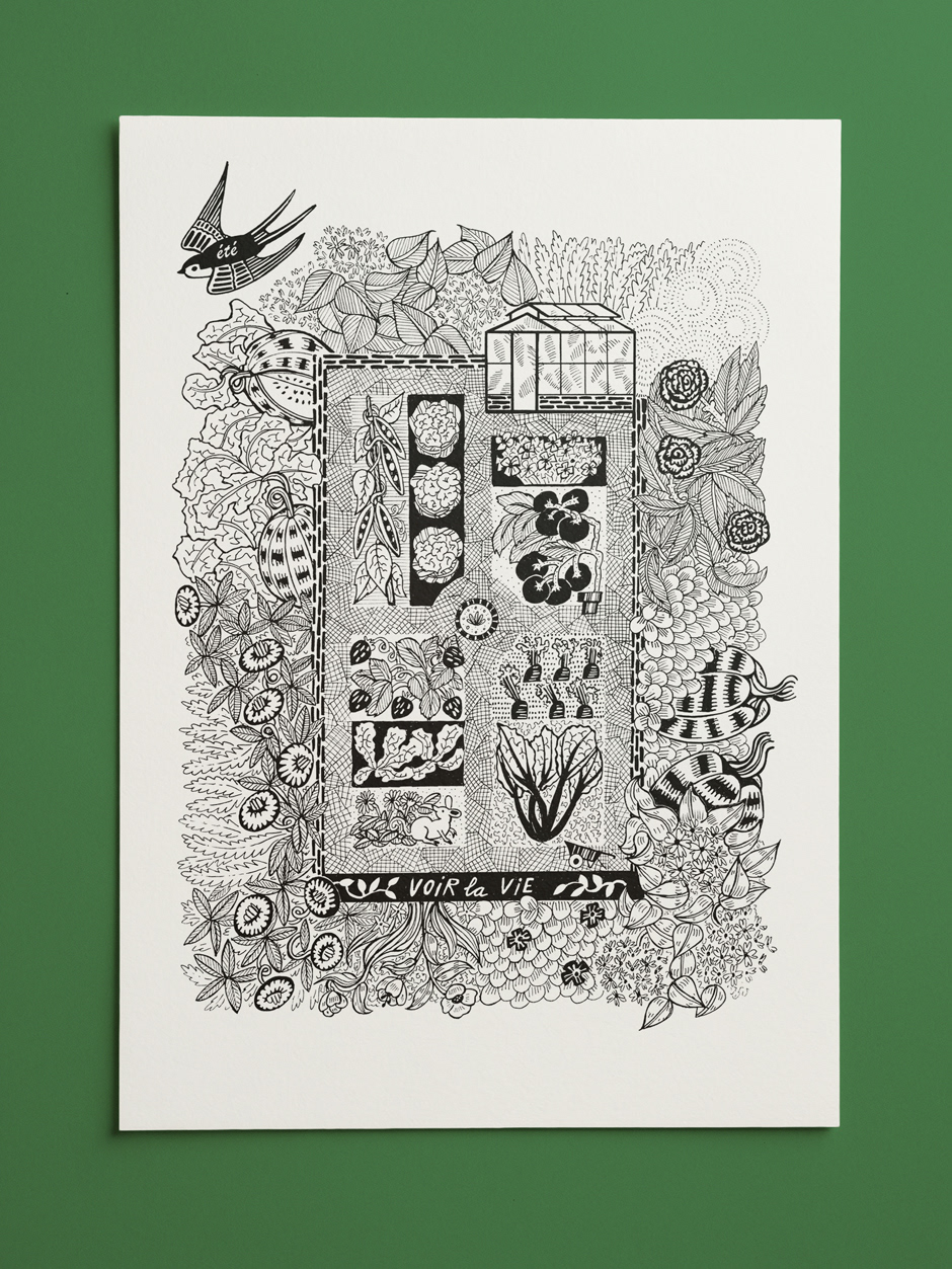 Summer Garden original drawing - A3 illustration in ink in paper