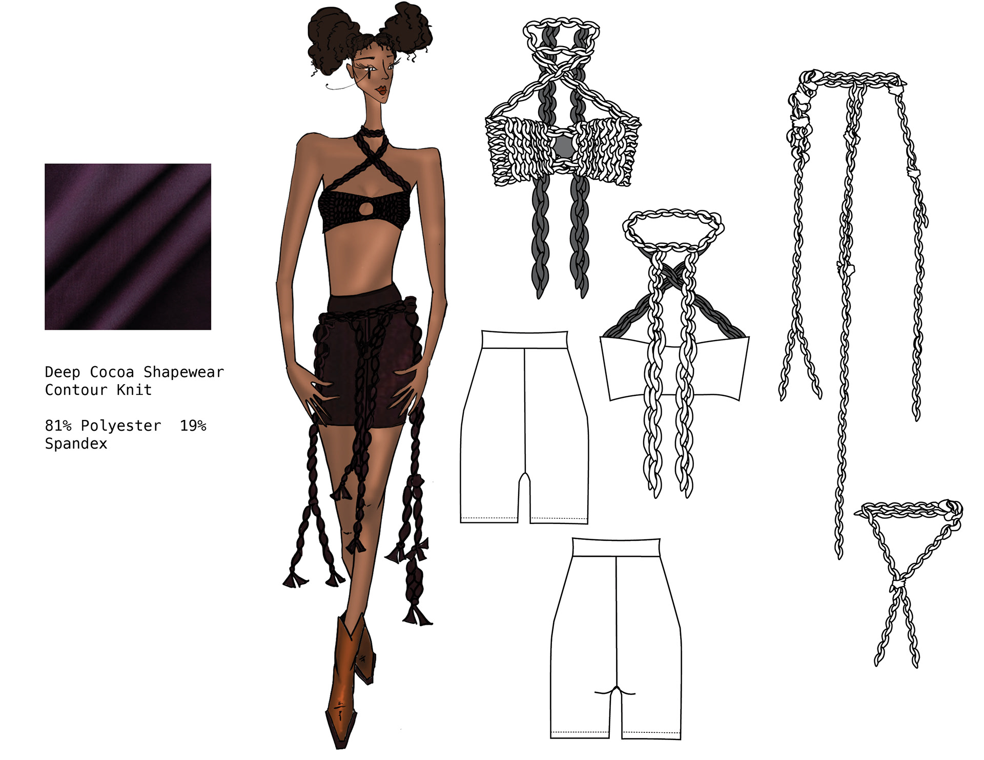 Fabric swatch, illustration and technical flats