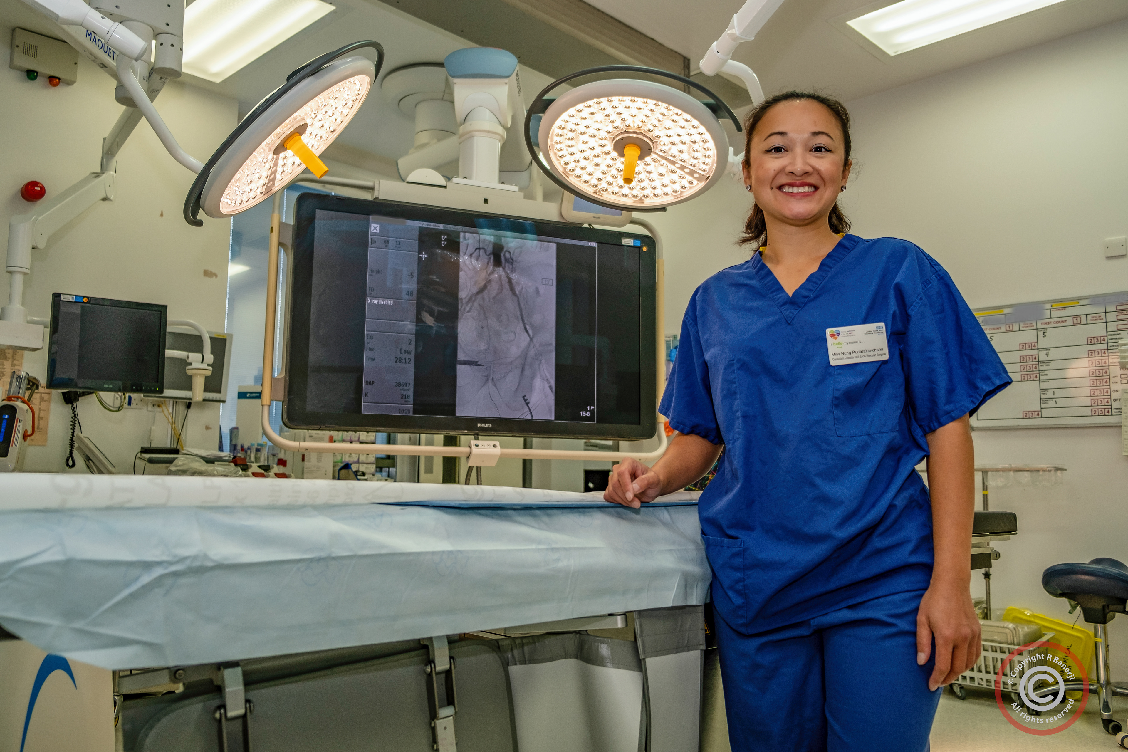 Consultant vascular and endo-vascular surgeon in her operating theatre, Northwick Park Hospital
