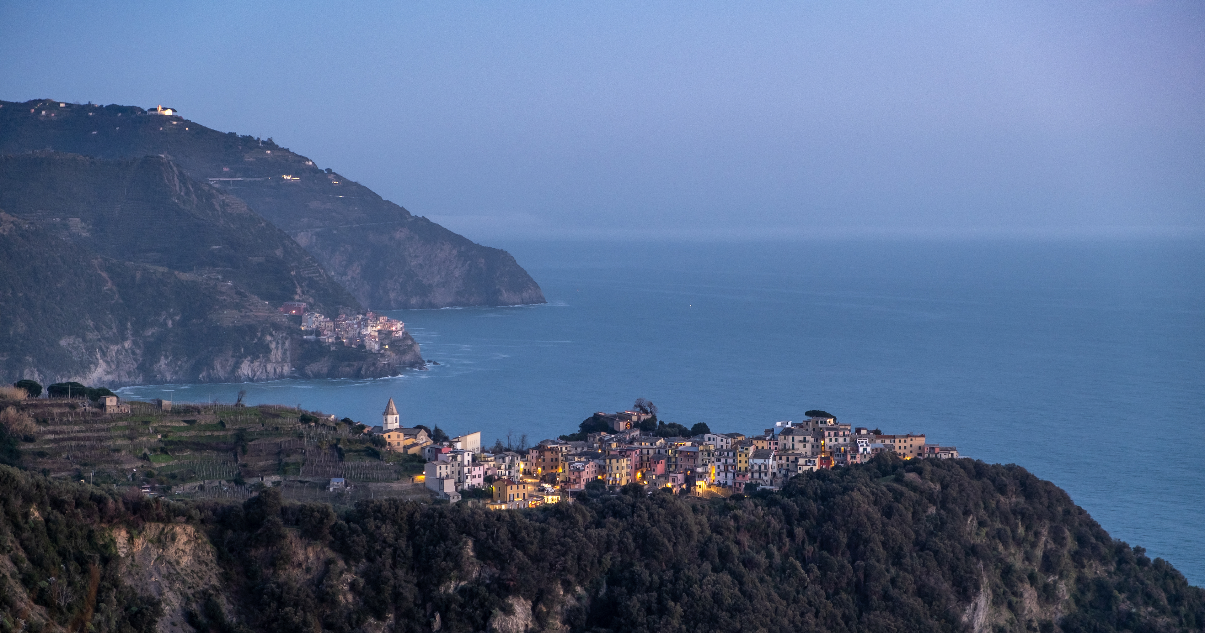 Corniglia in blue hour, Cinque Terre coast, Italy