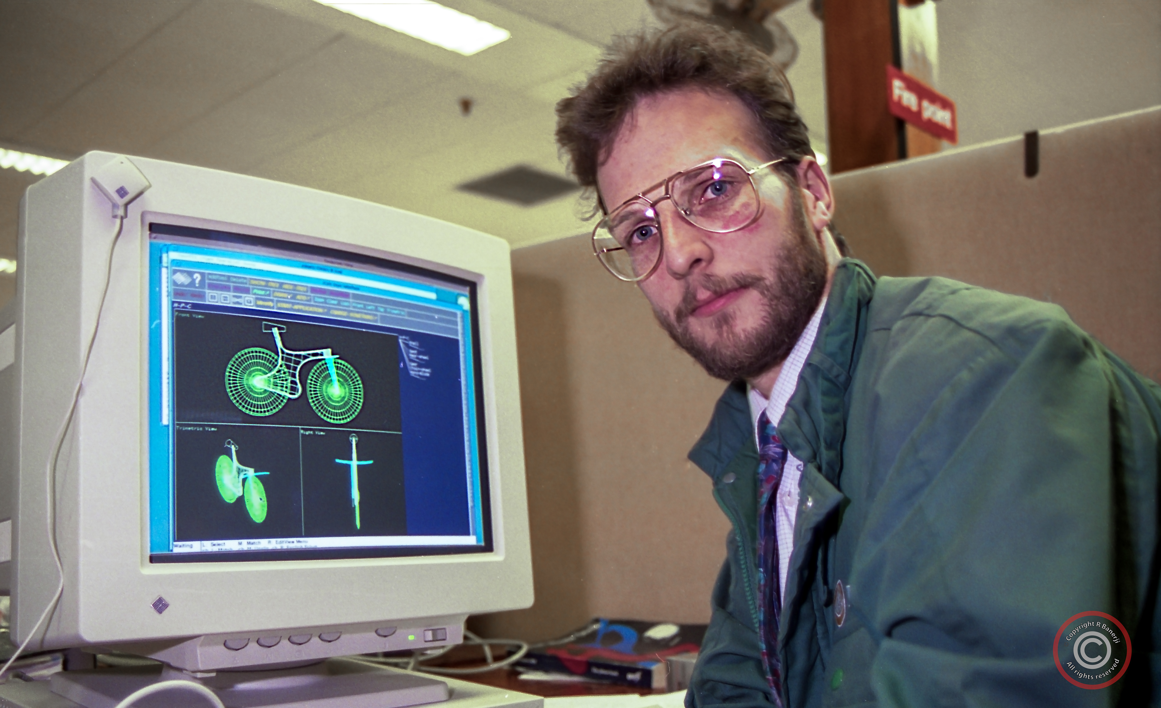 Lotus aerodynamicist Richard Hill with a computer model of designer Mike Burrows' Lotus Sport 108 carbon fibre bicycle. The radical new design helped Chris Boardman to victory in the 1992 Barcelona Olympics.