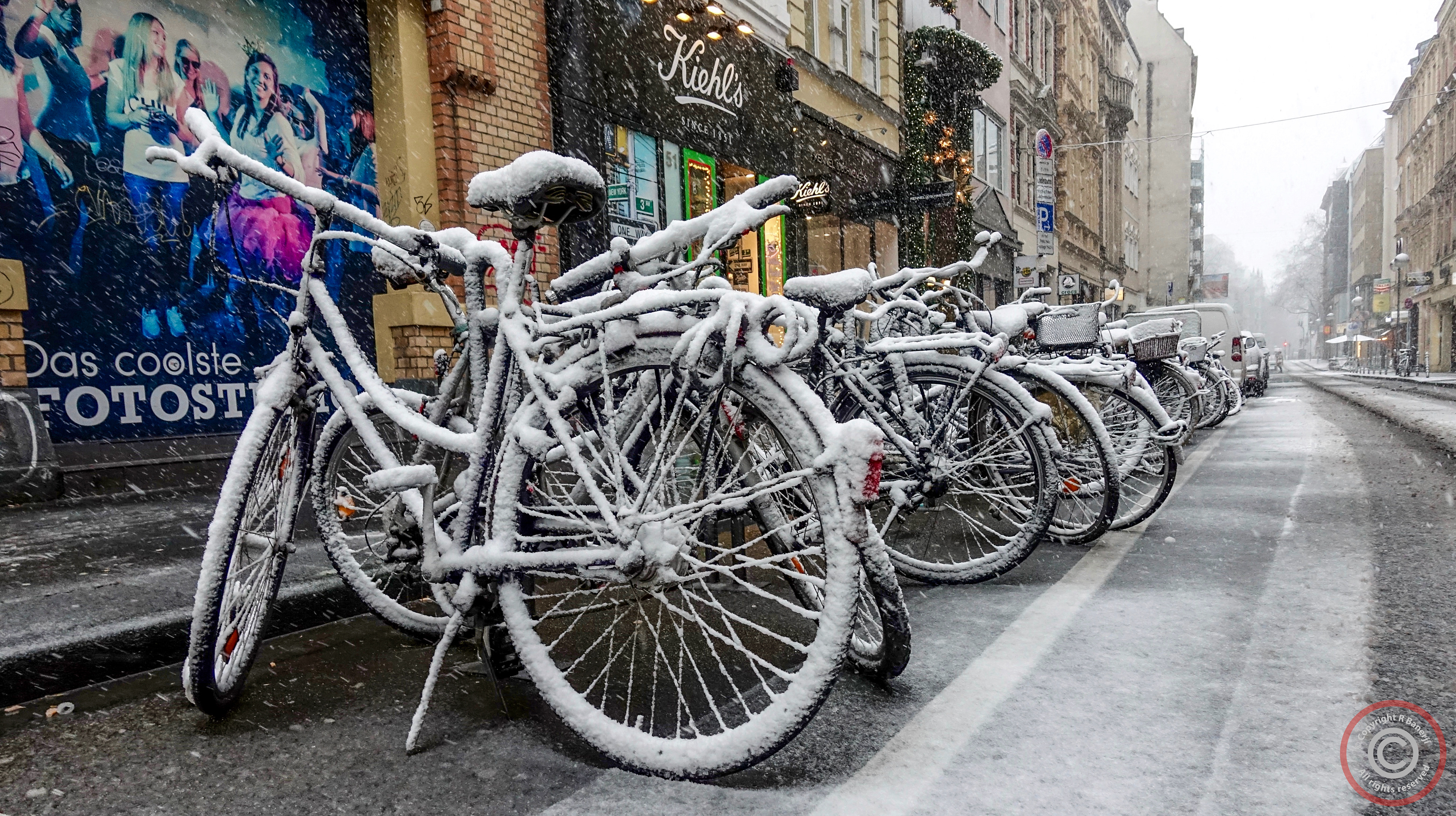 Bicycles in the snow, Cologne, Germany