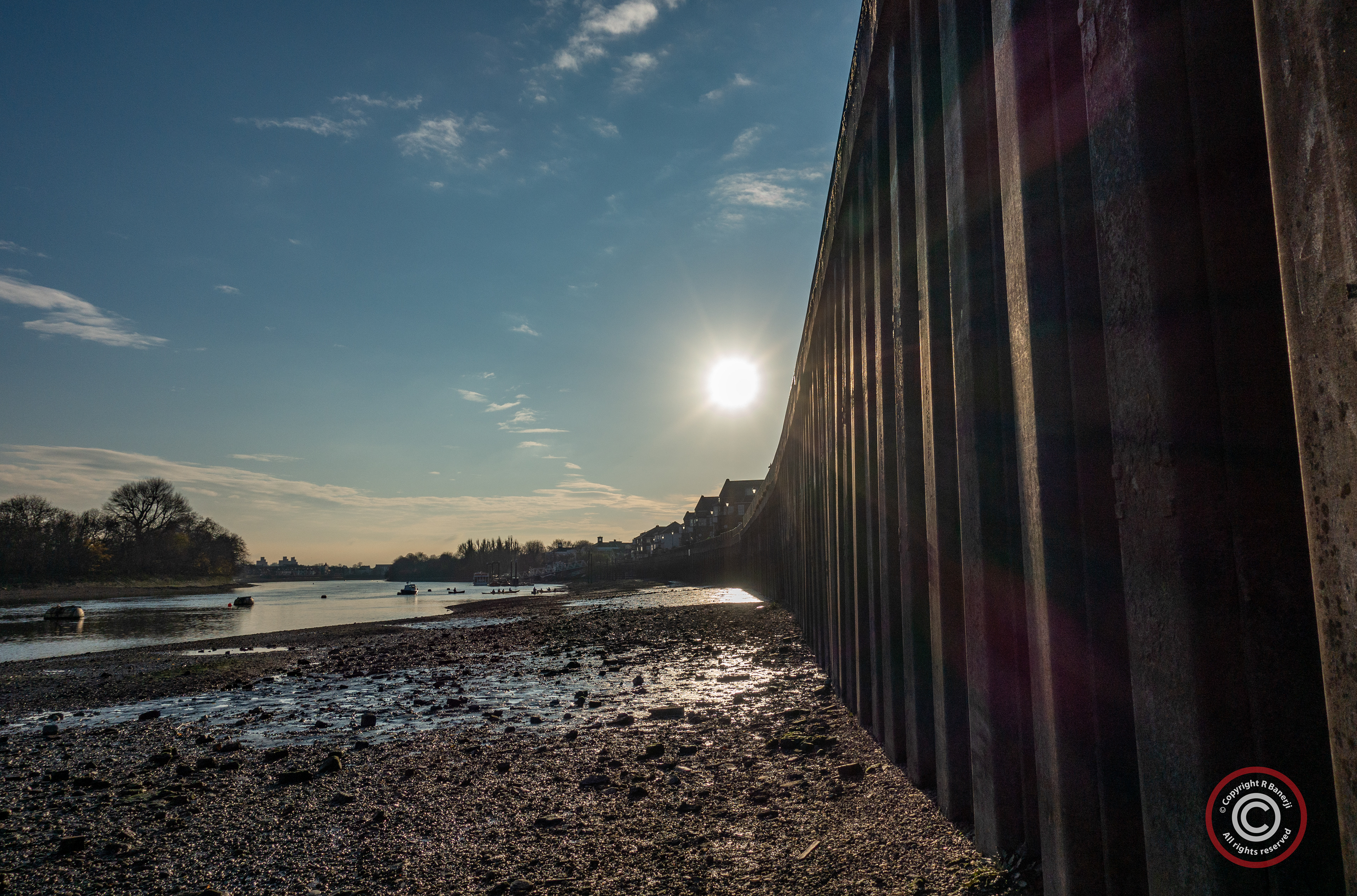 View of the Thames river bed at low tide, Chiswick, London