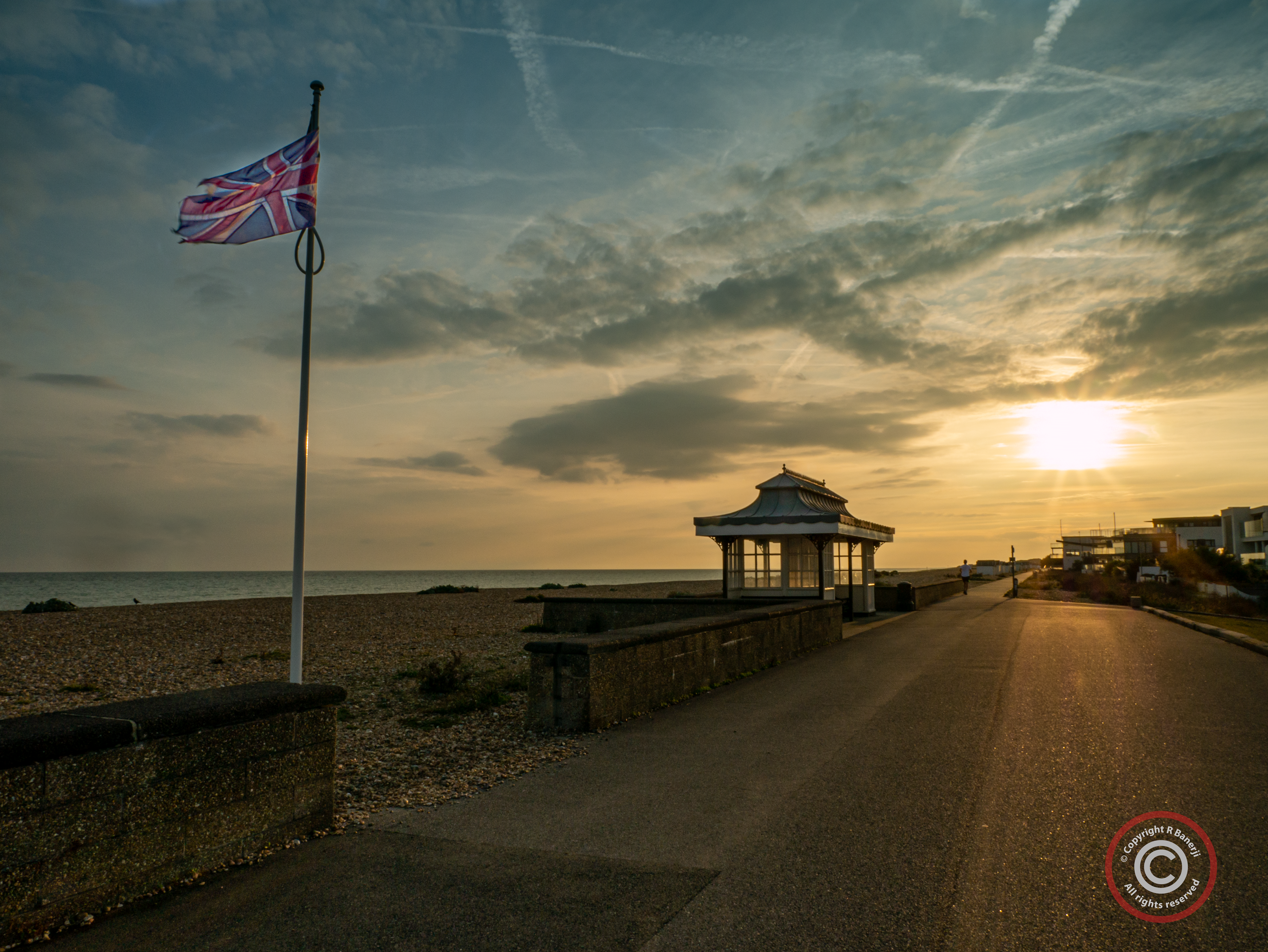 British flag flies on Worthing beach, England