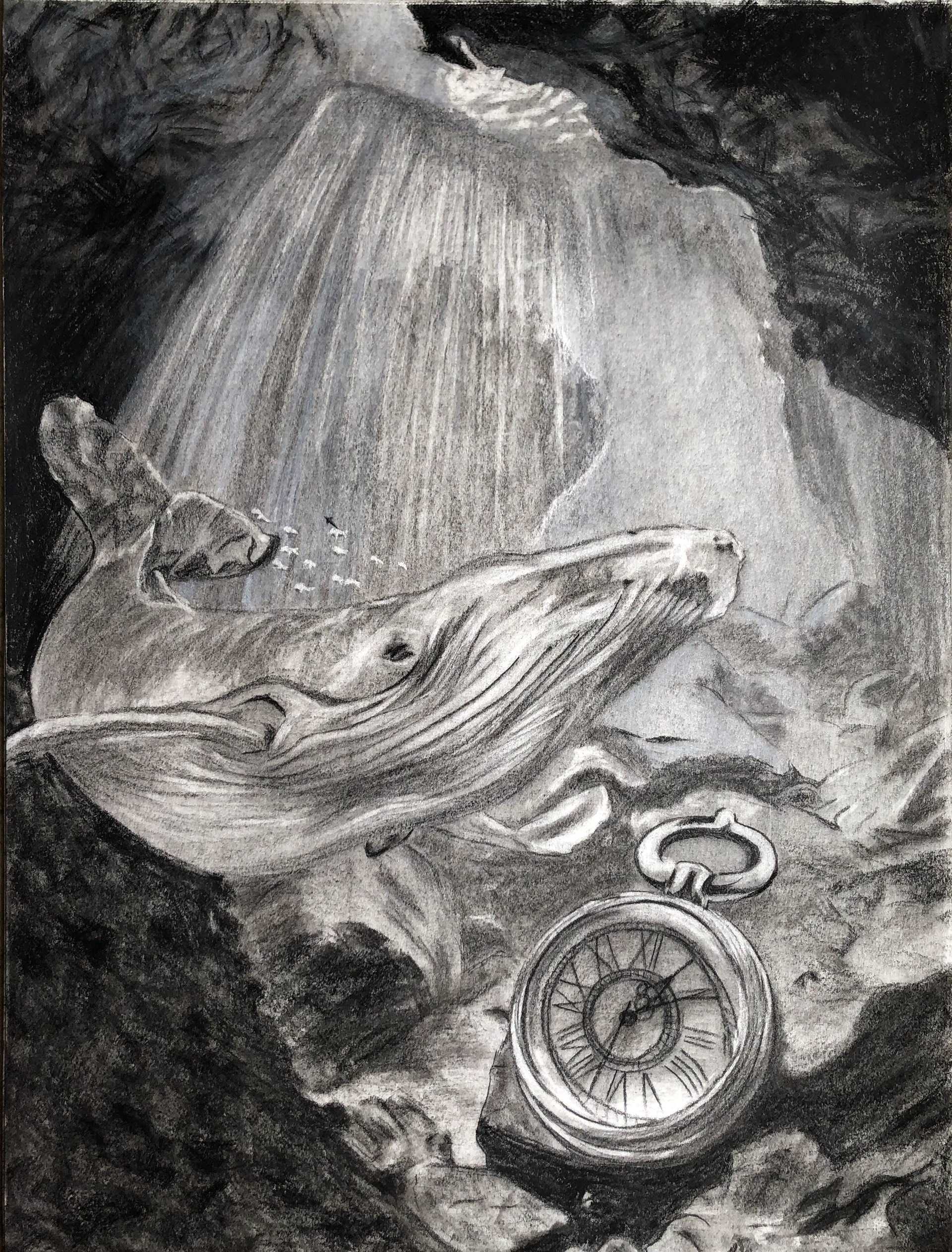 Using the profound texture of charcoal, I delicately depicted the darkness of the sea, the flowing water, and the majestic presence of the whale.