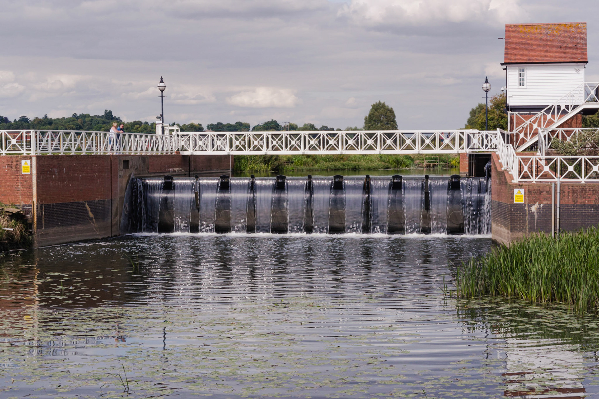 Weir View Mirror: Sluice gate and weir. River Avon, Victoria Gardens, Tewkesbury. Landscape: Colour. Printed on Epson SatinCanvas.