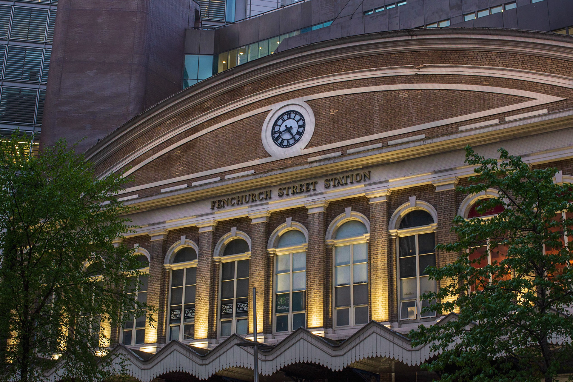 On Time: Fenchurch Street Station, London, at night.
