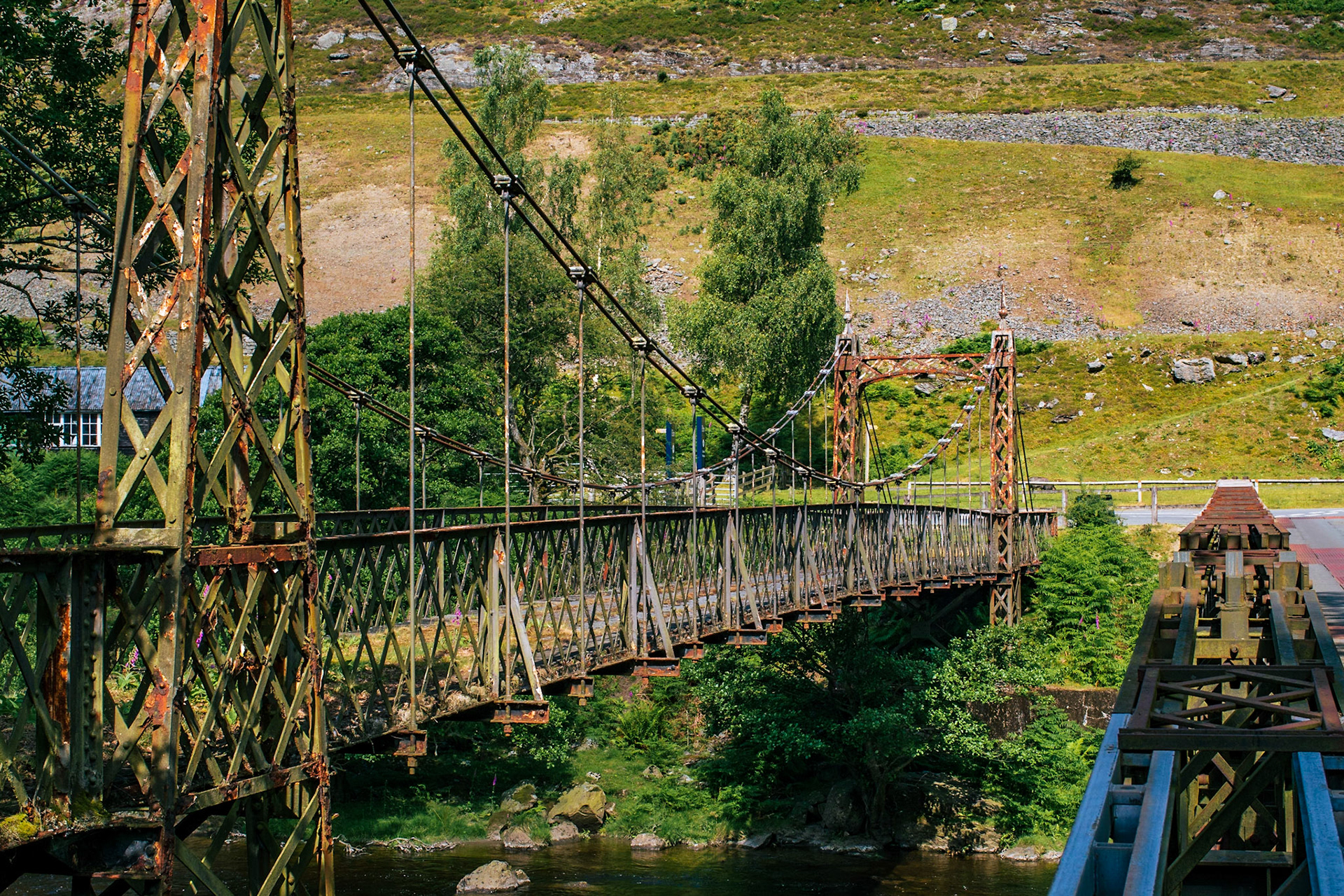 Elan Village Suspension Bridge: Bailey Bridge just visible to the right