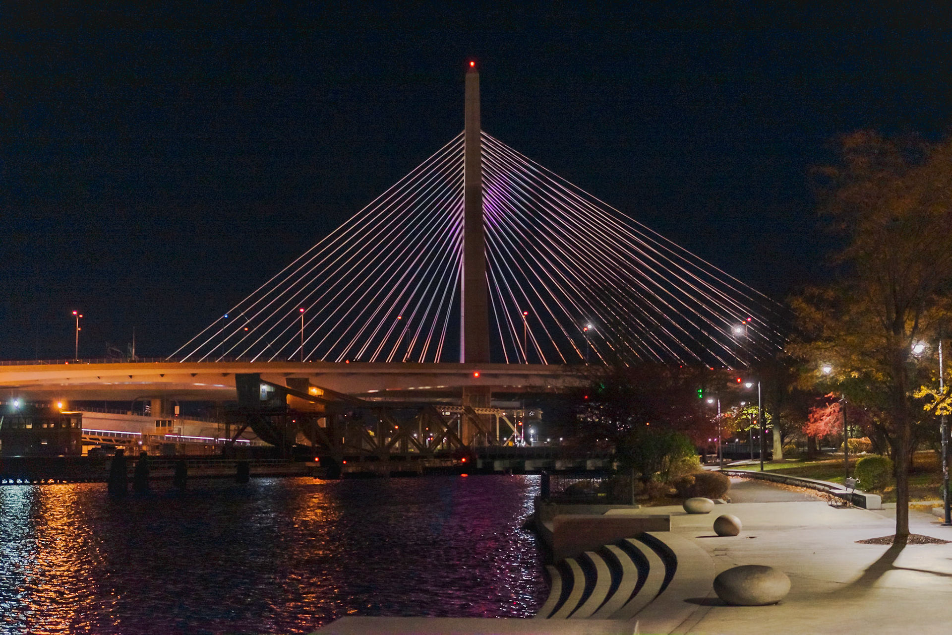 Boston Night Walk: Boston Mass.USA, at night, with a view of the illuminated Bunker Hill Bridge. Landscape. Colour. Printed on EpsonPremiumGloss