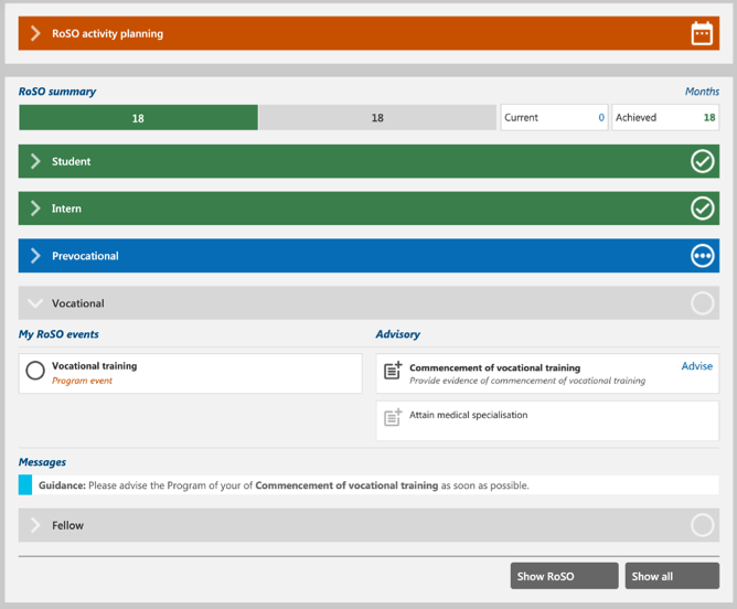 BRoSS UI - Prevocational current but showing the next phase actions required.