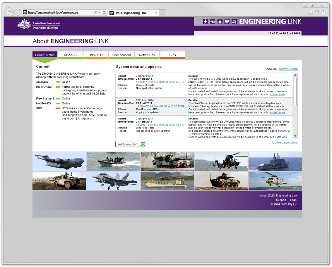 DWS - Engineers Link - Home status screen