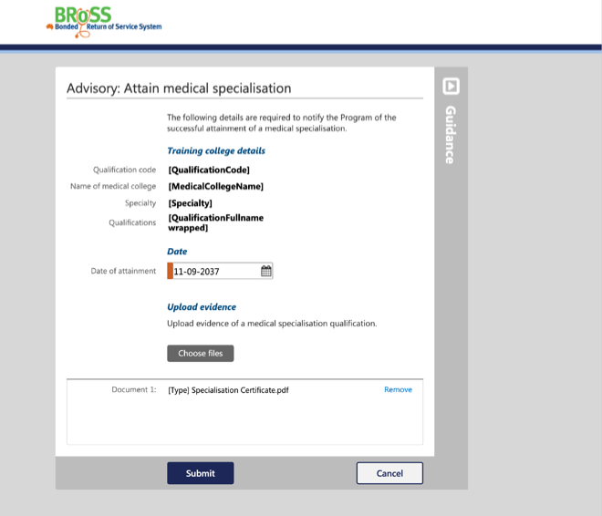 BRoSS UI - Specialisation completed reporting