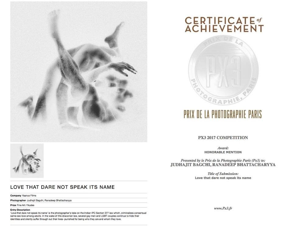 Fine Art Photographer Award from Prix De La Photographie Paris PX3 to Judhajit Bagchi & Ranadeep Bhattacharyya Yaanus Films. Intimacy Director. LGBT. Nude Indian Men in Photo Series Love that dare not speak its name.
