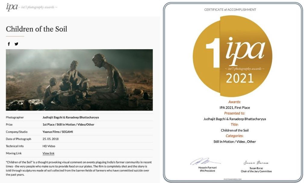 International Photography Awards (IPA) to Judhajit Bagchi & Ranadeep Bhattacharyya Yaanus Films. Still In Motions, Video Art. Children of the Soil. Videographer. Editor. DOP.  Gulzar Poetry