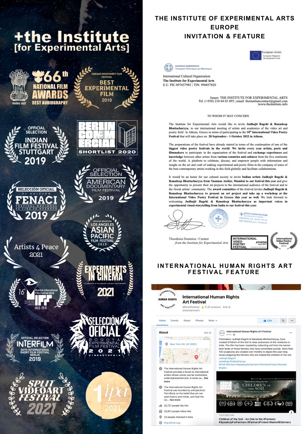 Accolades to Yaanus Films Video Production Company from The Institute of Experimental Arts Europe and International Human Rights Art Festival